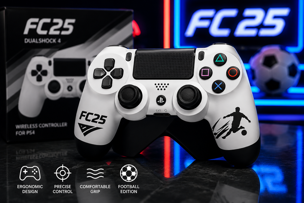 دسته بازی سونی مدل SONY DUALSHOCK PS4 طرح FC25 سفید مشکی مناسب پلی استیشن 4 با طراحی فوتبالی و ارگونومیک